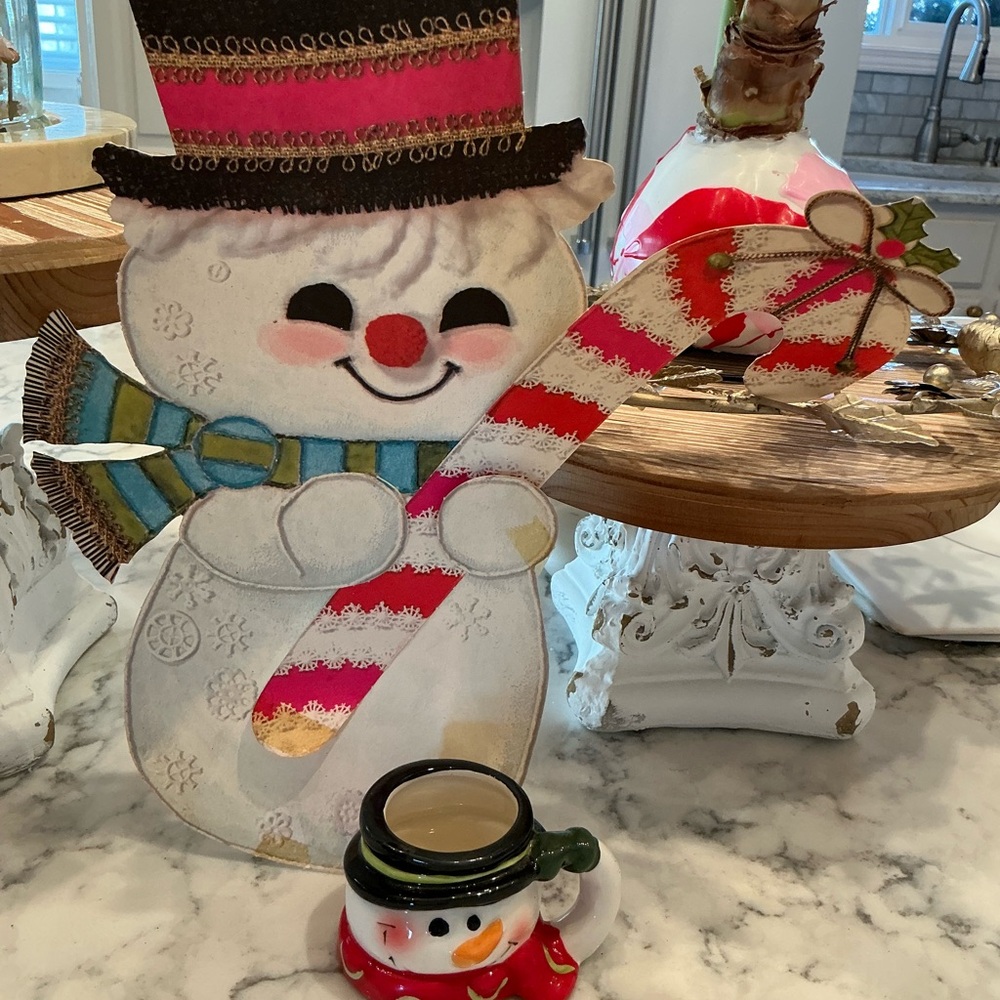 Festive Snowman  Vintage Holiday Decor die cut with Candy Cane tiny snowman mug